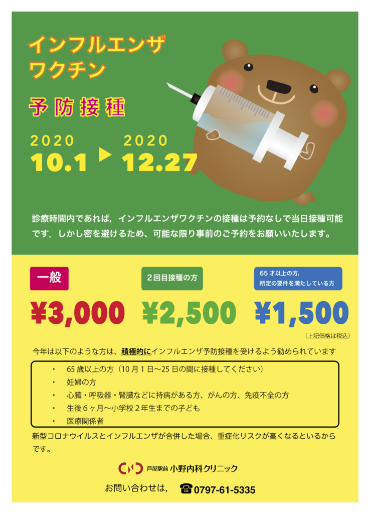 2020年インフルエンザ予防接種のお知らせ 芦屋 西宮 神戸 芦屋駅前小野内科クリニック